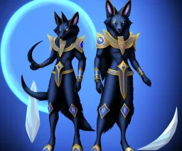 Dark type and fighting type legendary pokemon. Anubis-like fox. black and dark blue colored fur. Egypyopn elements. Bipedal.