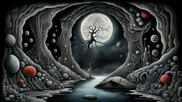 painted inner world with uncontrolled mind and neurodivergens soul, floating rocks over surreal cracked weird landscape . between two dark door one stone bridge over black river, . deep dark colors. Whimsical strange style of Chagall, of Quentin Blake, andYoshitaka Amano of Anton Semenov. some black human creature sitting , flotaing, walking in picture, weird absurd beauty nightmare, black shadow, in background neuronic network, surreal vibe,