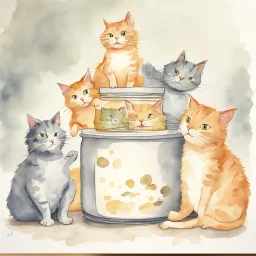 watercolor illustration of mischievous cats forming a cat pyramid to get up on a counter with "CATNIP" jar on it, cute, whimsical, by Shawn Tan