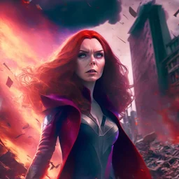 Wanda Maximoff, mulher, jovem, cabelos ruivos, olhos vermelhos, corpo inteiro, fundo cidade destruída, cores brilhantes, de lado destruindo algo com sua magia vermelha, traje da feiticeira escarlate, dramatico, 4k render, imagem cinematográfica. Cores frias, magia em suas mãos, magia vermelha claro