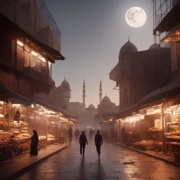 middle east city with mosque and people walking through the market , night , cloud in the sky , full moon , fire place in the bazaar , high resolution, super realistic, unreal engine, cinematic lighting,