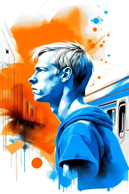 Créer une image realiste d'un garçon blanc en train de Dunker pendant un match de basket-ball image avec des Splash de couleur bleu et orange très design. Jeune d'environ 14 ans. Style un peu mangas