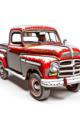 antique red pickup truck in snow no background