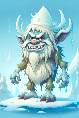 fantasy cartoon style illustration: mischievous Snow Troll. The troll is big, burly creatures with icicles hanging from his long, pointy nose.