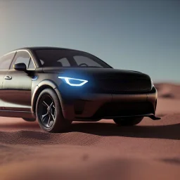 3d rendering. futuristic black car. Buried in desert sand. Lost in Time, cinematic lighting