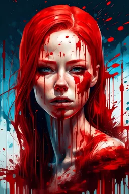 Wide ah photo of a woman made of blood, half of her body is immersed in blood, red hair depicting a waterfall, water drops on her face and body, tears of blood, concept art, symmetrical, abstract art style, intricate, painting watercolor explosion, digital painting, 2d rendering, 8k, trending on artstation