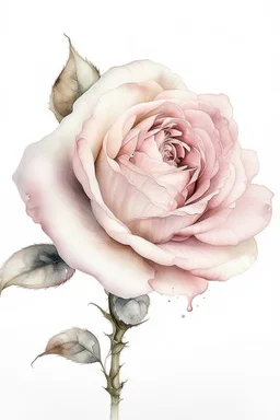 clipart , rose, white background, watercolor, side view, drawing , realism, beautiful, delicate shades, beige, powdery, pink, pale pink, sequins, shimmer, 3d effect, careful drawing of details, volumetric watercolor, aesthetically pleasing, professional photo, realistic photo, hyperdetalization