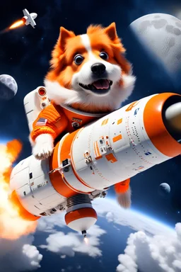 white and orange dog flies to the moon on top of the a rocket, writes "WE ARE GOING TO THE MOON!" on the rocket, in space, realistic, 4k, Cinematic,