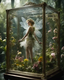 Photography Thil shift The beautiful fairy girl fly in case glass box is an abstract concept that refers to a world made entirely of flowers or plants, often in a fantasy or mythical setting. The flower planet in this image appears to be a baroque world, with ornate spiral patterns and intricate designs.