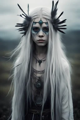 Otherworldly, heilung little witch singer and a white crow, Cara Delevigne MacKenzie Foy Avril Lavigne, tribal dance fur open dress, beautiful long white dreadlocks hair, 15 years old Nordic young girl, black face paint stripes on the eyes, plays magic in the stormy misty moor, closeup of the white crow, intricate, pagan music art, rune simbol in the forest background, high detailled, fanart, oil painting, 8k, Oil painting, heavy brush strokes, hyperrealistic paint splashes Jerem