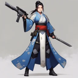 The guardian stands tall, Kimono turned combat gear, Beauty wields power. A weapon in each hand: Skillful hands at work,Firearm and blade in balance, Enforcer's resolve. Her strength emanates, Ancient grace meets modern might, she attacks