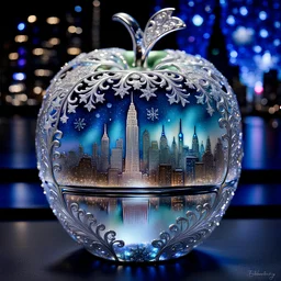 crystal apple; Exquisite richly detailed New York harbor with night sky backdrop and distant pewter cityscape inside; on display in glass Silver glowing apple, snowflakes, glitter, beautiful, magical masterpiece, ethereal fantasy, hyperdetailed, beautiful, celestial, glowing, filigree, imagination, dreamlike art Intricate, vibrant colors, psychedelic holographic Art; Regal; Hyperdetailed; Lovely; Royo; Bagshaw, Chevrier, Ferri, Kaluta, Minguez, Pixiv, Mucha, Cina. Cinematic, 8K3D