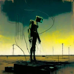 Dystopian future body with a twisted body falling with retro monitor head and handing wires. In desolate landscape low horizonline at night. With a concrete decaying blocks. Abstract oil painting in style of Justin Mortimer and Phil Hale