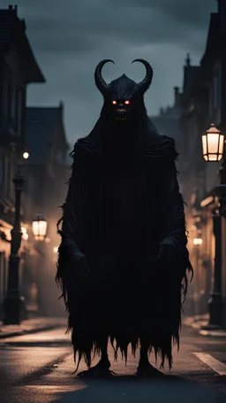 The scary monster in black mantle stands in the middle of the street in the evening around the lanterns in the style of a horror movie.