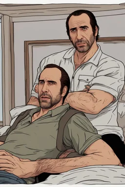 Nicolas Cage and Trevor Philips cuddling in the bedroom.