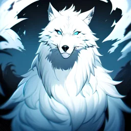 beautiful wolf face, white wolf, medium contrast, black background, light blue eyes, sharp focus, background blur.