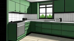 kitchen with celadon and dark green furniture, on the left side by the window from the bottom up, a microwave and an oven installed in the furniture, and on the right side and next to it an induction hob and a cooker hood above it, on the right side there is a sink and a dishwasher underneath it