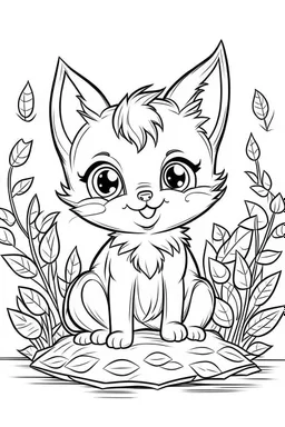 cute coloring page, sketch style, cute baby cat in the wood, cartoon, white and black, withe background, no shadows, outline.