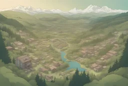 a map, top view of a forest, hills, large city, houses, , comic book, post -apocalypse,, mountain,