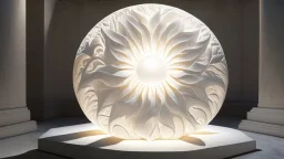 hyper realistic render of a Sun carved out of white marble, sculpture is displayed inside of a big art exhibit