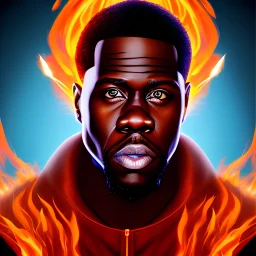a Portrait of kevin hart as a firebender and he is shooting fire from his makinga ring of fire