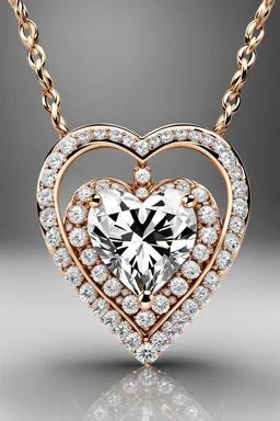 Create a visually stunning and luxurious image of a diamond necklace with a big symmetrical heart shape diamond at the center and 3 layers loops of small round diamonds around it