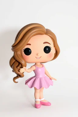 Funko figure of a very young female, smiling, long wavy light brown hair, wearing a ballerina dress, pink dress, ballet, very cute, ballet pose,. typography, 3D render. White background