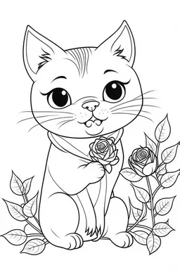 Coloring page for kids with a cute kawaii cat smelling a rose flower, black lines and white background