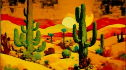 A yellow desert with cactuses in daylight designed in Navajo yarn painted by Wassily Kandinsky