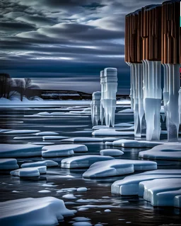 A super high-resolution 2 terapixel photograph of the Apostle Islands National Lakeshore in January. The scene captures the dramatic ice formations along the shoreline and the frozen waters of Lake Superior. The ice caves, accessible only in winter, offer a spectacular display of icicles and frosty structures. Captured with a Nikon Z7 II and a 24-70mm f/2.8 lens, focusing on the stark, ethereal beauty of the frozen lake and caves.