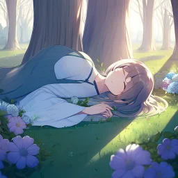 anime girl sleeping in a far away distance. field of flowers. trees are in the distance. girl is sleeping underneath a willow tree in the distance