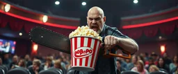pop corn bucket that looks like a chain saw wielded by serious angry bald law man, in cinema