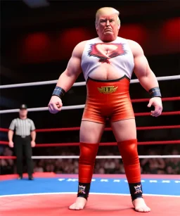 Wrestler Donald trump, wrestling, sweat, blood, red breeches, suspenders, stars, retro style, 80s, hot ambient, photo studio, vibrant color, gradient, highly detailed, art stations, concept art, smooth, unreal engine 5, god rays, ray tracing, RTX, lumen lighting, ultra detail, volumetric lighting, 3d, finely drawn, high definition, high resolution.