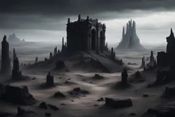 dark creepy fantasy mausoleum ruins in the distance on top of a very large barren rocky hill with black obsidian pillars