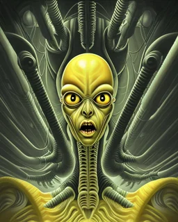 Distorted large yellow insectoid alien black eyes, in a mall, sci-fi art, graphic design, digital illustrated scene, alien art, high strangeness, absurdist, cartoonists