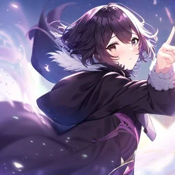 floating in air, backflip,{{anime}}, detailed beautiful short hair,{{fluffy hair}}, delicate and intricate hair, black loose raincoat with hood, purple and black eyes, blush, beautiful detailed eyes, {beautiful face}, cinematic light,{masterpiece}, beauiful illustration, offical art, upanime