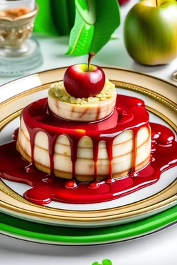 كعكة الآيس كريم بنكهة الموز والتفاح الأخضر المغطاة بمربى التفاح الأحمر في صحن ذهبي على طاولة فاخرة بيضاء