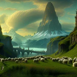 Epic Drawing of mordor scenery with sheeps of The Hobbit estilo Van Gogh 4k