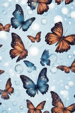Butterflies and bubbles flying up to the sky in winter wonderland