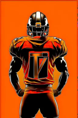 Silhouette of a football linebacker with a punisher skull on front of jersey instead of numbers, orange background, photorealistic