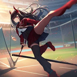 Clear focus,High resolution, Black long hair, Red eyes, Red horns, Wearing a black and red sailor uniform, Swinging a baseball bat, Looking away from the viewer, Full body, Kicking