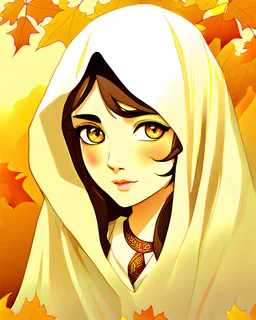 Young white face in traditional Arab dress, hazel eyes, autumnal background, oil paints, cartoon illustrations...