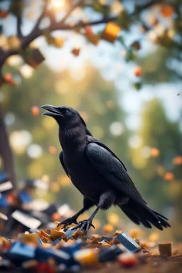 crow dropping garbage from tree tops laughing,bokeh like f/0.8, tilt-shift lens 8k, high detail, smooth render, down-light, unreal engine, prize winning