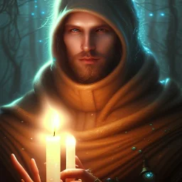 clos up of robed monk in candle light, Dark fantasy concept art, dynamic lighting, Intricately detailed, Splash screen art, deep color, Unreal Engine, volumetric lighting, blue flowers, moss, leather, creek, flowing water, fantasy dark forest artwork,