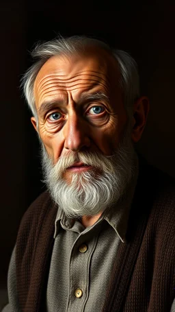 grant wood painting style , a portrait of a classic old man with dark brown side lighting background, ultra high quality with ceramic lighting