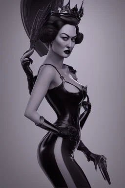 Joan Crawford as evil queen in black leather, busty, cleavage, dominatrix, curvy, angry, stern look. unreal 5, octane render, cinema4d, dynamic lighting, dramatic lighting, 4k, redshift render, highly detailed, hyper realistic,anthropomorphic