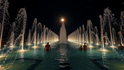 moonlight, frolicking in sparkling fountains, recreation, relaxation, luxury, magnificent, showers, glistening water spray, people, dream world, calm beauty, symmetry, fantasy world, magic, splendor, uplifting, inspiring, therapeutic, chiaroscuro, color, award-winning colour photograph, beautiful composition, exquisite detail, Nikon 135mm