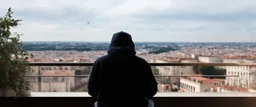 man in a hoodie watching the city from the balcony by Caravaggio