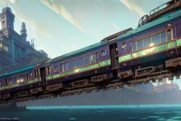 close up train+Elevated train+train+town on sea+sea+Italian colourful sea village +alphonse mucha, greg rutkowski,matte painting, cryengine, hyper detailed, felix kelly, fantasy art, seb mckinnon