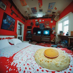 Fisheye perspective of the Red Redemption— Kita, soft disheveled beast, poises in a messy bed for the Eurovision Song Contest. 35mm Lone Sloane: melting cheese, infinite loop, primitive drum style. The viewer (implied POV) is a monstrous creature from 2000 to 2010. Crusty sourdough, psychedelic tape, Jacques Lob— Poised for a bite of Philippe Druillet’s 1973 horror-themed image. Hold the turkey, hold the raw tape loop dance.
